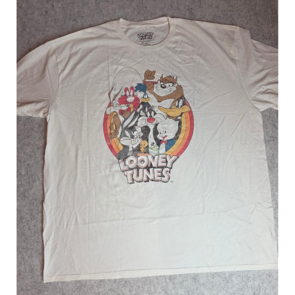 Looney Tunes Graphic Tee Mens 2XL White Cotton Bugs Bunny Taz Character Shirt